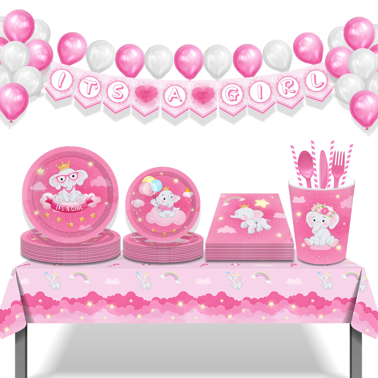 Розово малко момиче, Малък слон, за еднократна употреба покривка, детски душ, Парти по случай рожден ден, барбекю на открито, украса за масата в Къмпинг
