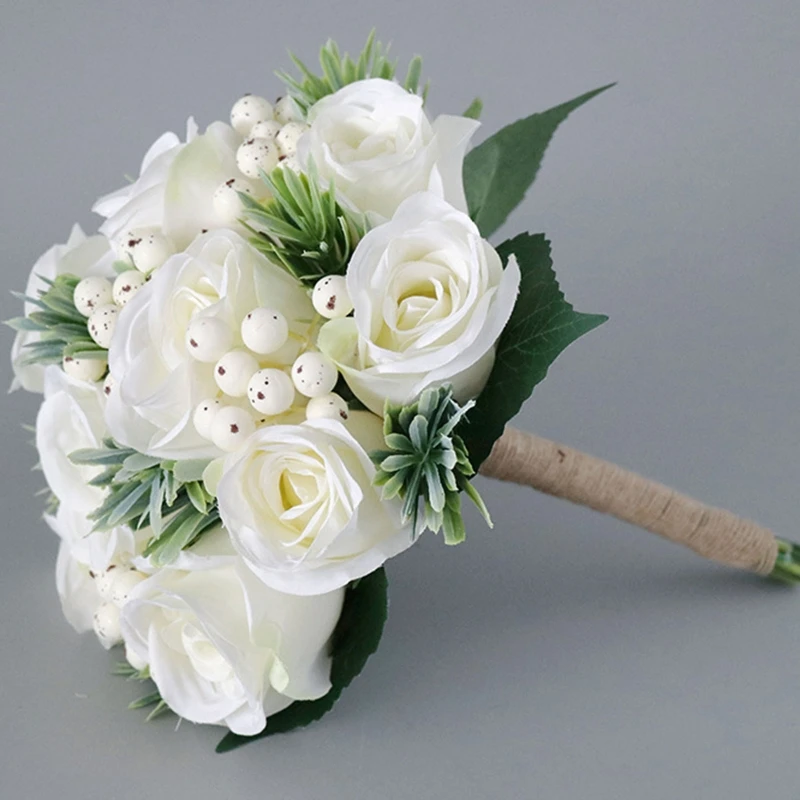 Сватбени букети от плодове рози с цвят на слонова кост със зелени листа Романтично Винтажное украса, ръчно изработени с цветя в ръцете си