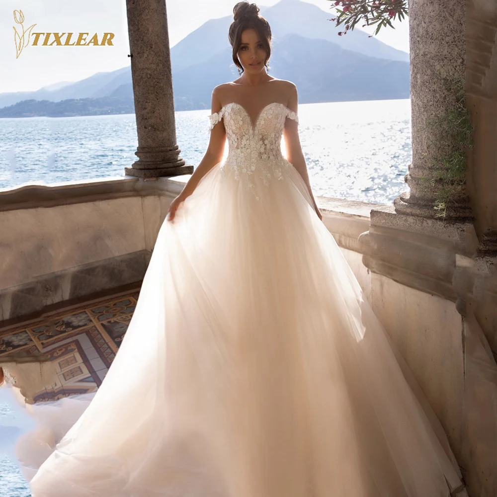 Сватбени рокли принцеса TIXLEAR с открити рамене, дамски елегантни дантелени сватбени рокли с флорални принтом, луксозни тюлевые рокли Vestido De Новия, новост