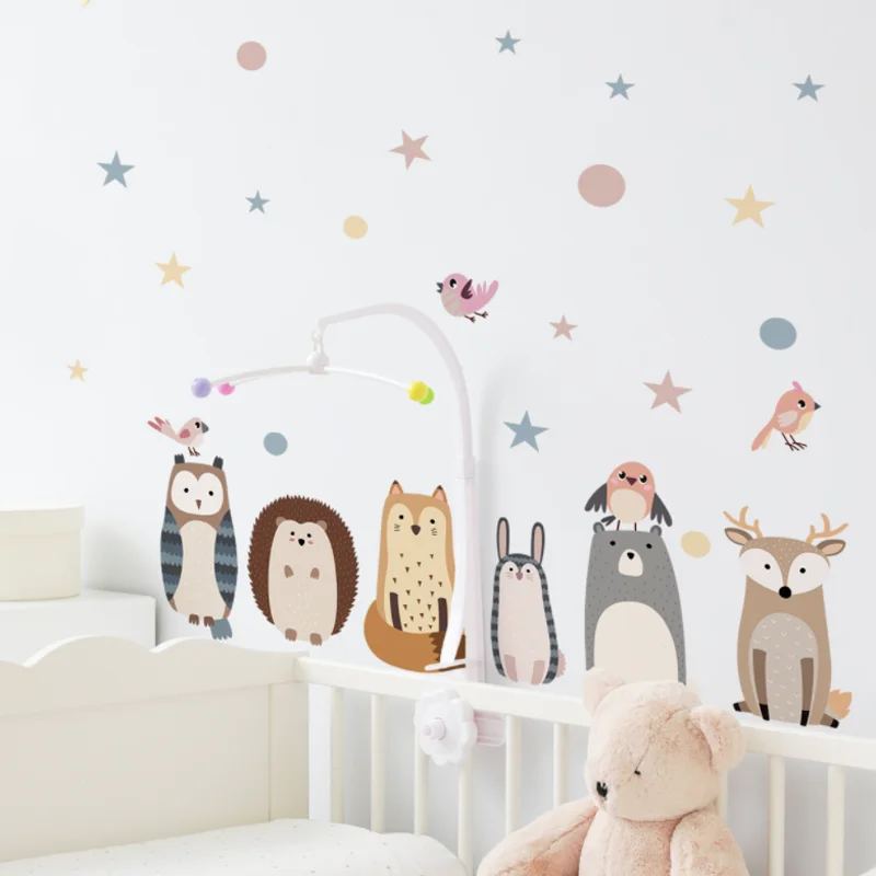 Сладки животни в скандинавски стил, стикер на стената, карикатура, фоново декорация на детска спални, готини стикери за детска градина, подвижни