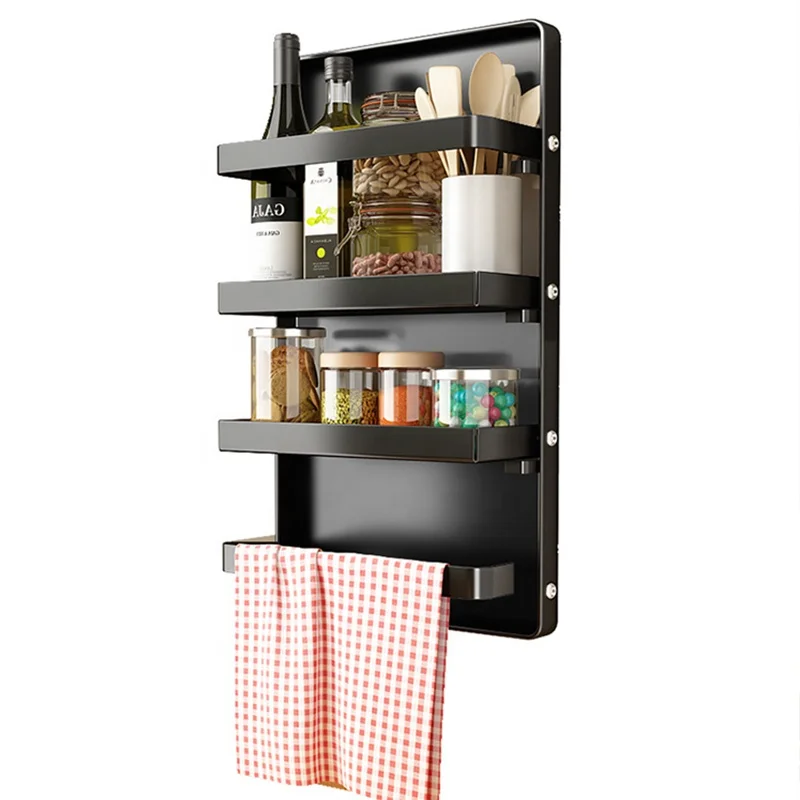 Сложете метален черен сгъваем багажник за съхранение Хладилник, готварска магнитна поставка за подправки