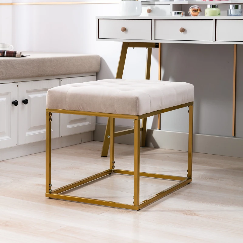 Табуретка за тоалетка масата в хола, стилен правоъгълен стол за грим, тапицирана седалка, поставка за крака в златна рамка