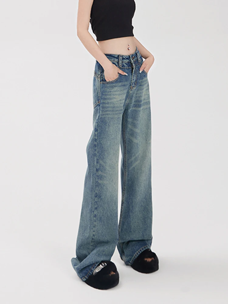 Тъмно сини дънки, дънкови панталони пълна дължина, широки дънки с висока талия, прави панталони, свободна модни дрехи за пролет 2023 г.