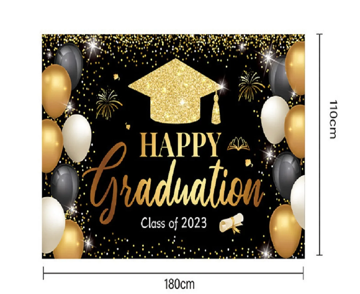 Фон за снимки на дипломирането на церемонията 2023 г. Блестящ златен балон Украса на парти в Студентски фотофоны студиен плакат