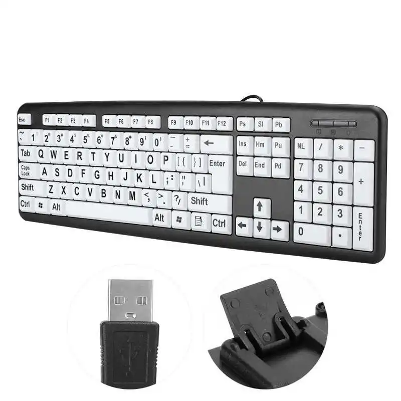 клавиатура Черна Клавиатура с Ниски Нива на Видимост Проводна USB Клавиатура За Възрастни Хора с Бели Клавиши, с Едър Шрифт на кутията qwerty клавиатура