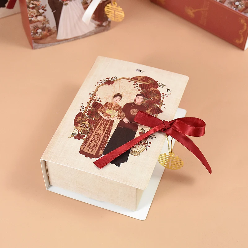 кутия за сватбени подаръци в китайски стил, ретро-портретно форма, Червена Хартиена Кутия за опаковане на бонбони и Шоколад, Аксесоари за украса на Сватбени партита