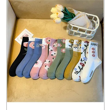 1 Чифт Женски Чорапи Harajuku Kawaii В Японски Корейски Стил С Анимационни Цвете С Ярки Цветове, Чорапи Със Средна Дължина Дишащи Случайни Кратък Чорап