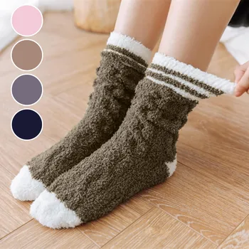 1 чифт женски зимни топли чорапи на пода, пухкави чорапи, красиви цветни топли плюшени чорапи-чехли с мека принтом, продукти за сън за момичета