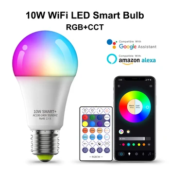 10 W WiFi Умна Крушка E27 LED RGB Лампа Работи с Alexa/Google Home 85-265 В RGB + Бял, С регулируема яркост Функция Таймер цветна Лампа