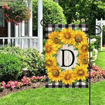 1БР Слънчогледа с писмото модел D, лен памук градински флаг, знаме, окачен декор за дома и на улицата
