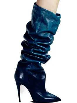 2018 Нови модни дамски пикантни ботуши до коляното от плисирана на кожата с остър пръсти, женски ботуши на висок ток, ботуши на висок ток в рыцарском стил, Размер 42