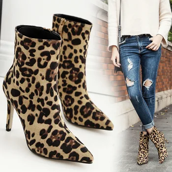 2020 г., женски ботуши на висок ток с леопардовым модел, зимни топли обувки botas, дамски популярна обувки в римски стил, botin mujer, размер 35-40, ephesus new