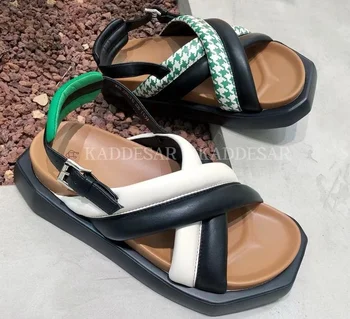 2022 Дамски сандали на платформа с каишка на щиколотке и регулируема катарама Летни римски плажни сандали с отворени пръсти на равна подметка с дебело дъно