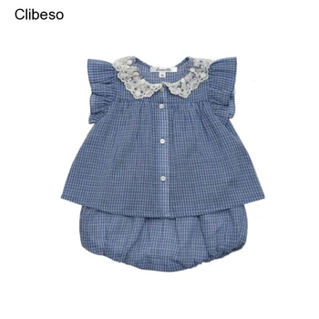 2023 Clibeso, Комплект Летни дрехи в Испански стил за Малки Момиченца, Синя Клетчатая Лейси Блуза и Къси Панталони, Детски Дрехи