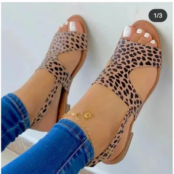 2023 Дамски сандали на равна подметка, от изкуствена кожа, с отворени пръсти, дамски плажни обувки, летни секси чехли, сандали, чехли с каишка и катарама, Sandalias