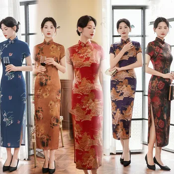 2023 Женски коприна Ципао-дълга рокля в китайски традиционното пролетно-лятно женствена рокля Чонсам с къси ръкави за вечерни партита Азиатски размер
