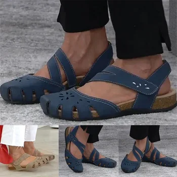 2023 Летни дамски ортопедични сандали с отворени пръсти, реколта нескользящие дишащи кожени ежедневни дамски сандали в ретро стил върху платформа
