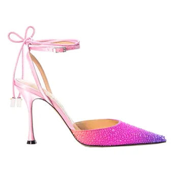 2023 Летни сватбени сандали на висок ток с джапанки на щиколотках, украсени с пайети, нови луксозни сандали-лодки, дамски официални пикантни розово-сини обувки на висок ток