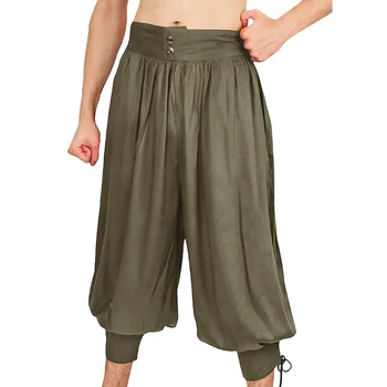 2023 Летни средновековни мъжки скъсяване на панталони с джобове, еластичен колан, свободни памучни дишащи обикновена ежедневни панталони