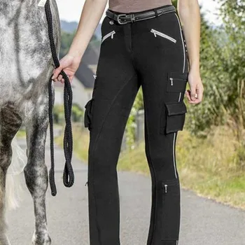 2023 Модни дамски панталони за езда с множество джобове на диагонал с цип, тънки, плътно прилепнали бедрата, разтеглив Модерни ежедневни панталони за езда