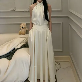 2023 Нова Дамска лятна Мода Страхотна тънка дълга пола в пода на тялото, регулируема Висока и ниска яка, малък Топ без ръкави