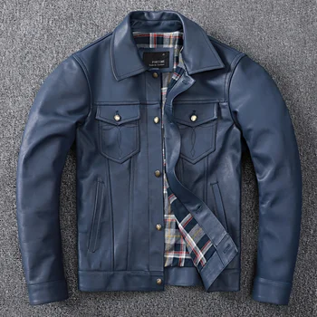 2023 Новата американска синьото яке от телешка кожа за мъже в голям размер, реколта топло мотоциклетът сако, мъжко есенно-зимно палто