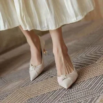 2023 Пролет и есен, нови модни сатенени обувки на висок ток с перли, темпераментни женски универсални удобни обувки-лодка с остри пръсти