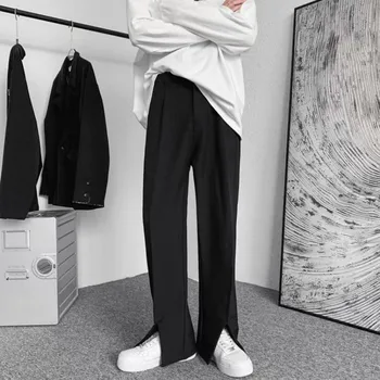 2023 Страхотна висококачествено мъжко облекло прави панталони в японски стил в западен стил, ежедневни панталони с цепка в Черен цвят, красиви панталони