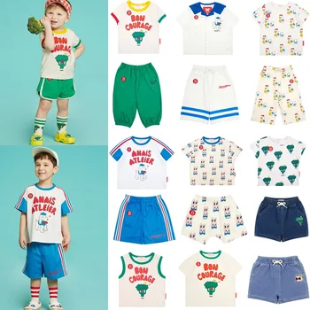 2023 г., детска тениска Bebe в корейски стил с къси ръкави, сладки бебешки шорти, летни широки панталони, комплект дрехи за момчета и момичета, тениски с анимационни герои