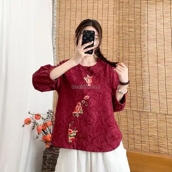2023 нова дамска блуза с китайска бродерия на цветя, памук топ с къс ръкав и кръгла яка, свободен стил, лятна риза в национален стил, топ 