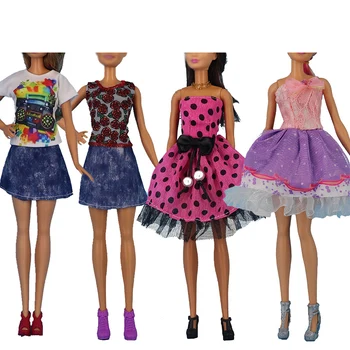 4 комплекта модерен многоцветен облекло, риза с една вълнообразна модел, деним пола в окото, ежедневни дрехи, аксесоари, Облекло за кукли Барби