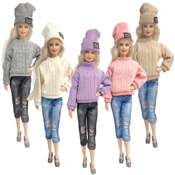 5 Комплекти от памучен ръчно изработени дрехи, пуловер + шапка + джинси за Барби кукли, есенно-зимна празнична дрехи, ежедневни дрехи за кукли-играчки 1/6