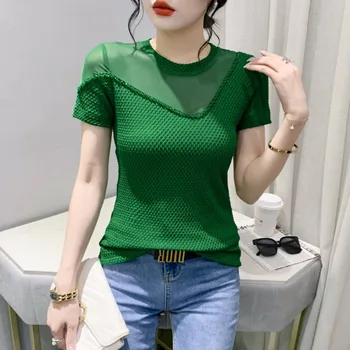 #6391 Черна Зелена лилаво секси обтягивающая тениска, дамски корейската мода, офис тениска с мрежа, женски къс ръкав, Тънка диаманти