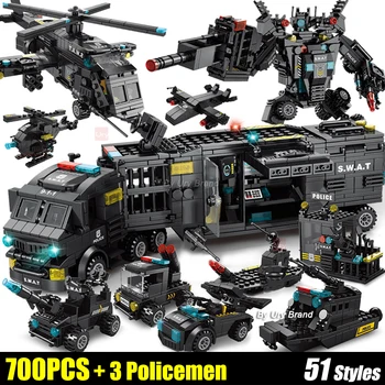 700 бр., градска серия, полицейски участък, отряд на специалните сили, военен камион, кола, боен робот, строителни блокове, детски играчки 