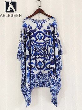 AELESEEN/ Подиумное една модерна женствена рокля от 100% естествена коприна с ръкав 