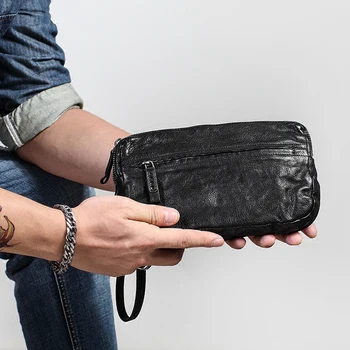 AETOO, малка ръчна чанта за двоен цип с гривната, мъжки портфейл от естествена кожа с голям капацитет, мъжка чанта от мека кожа в ретро стил cowhi