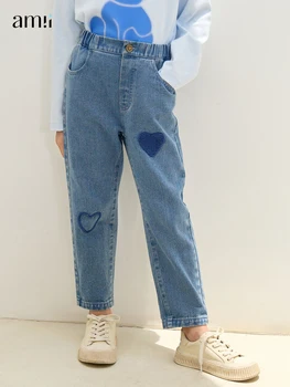 Amii Kids, бебешки дънки за момичета, новост есента 2023 г., пряка на деним плат с изображение на любовта, сини ежедневни дълги панталони за тийнейджъри 22343016