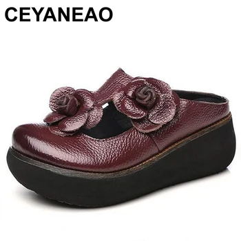 CEYANEAO2019/обувки; сандали в римски стил на танкетке в стил ретро; модерни чехли; новост 2018 г.; летни обувки от телешка кожа с цветя модел на дебела подметка; 1536