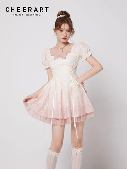 CHEERART Градиентное розова рокля-корсет с пищни ръкави, лятно бална рокля с квадратни деколтета и лък, мини-рокля, дамски дрехи Kawaii