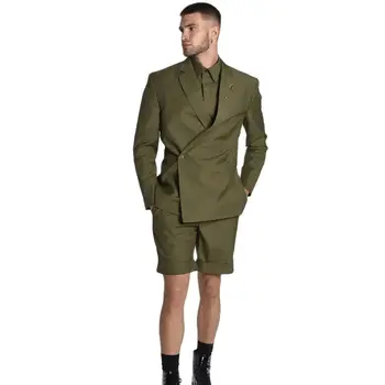 Dr. зелени мъжки костюмные комплекти, двубортные приталенные къси панталони, летни смокинги, зашити на поръчка ежедневни облекла за мъж