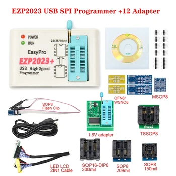 EZP2023 + Високоскоростен програмист SPI FLASH Пълен комплект + 12 адаптери Поддръжка 24/25/93/95 EEPROM Bios 25T80 Запис на офлайн копие
