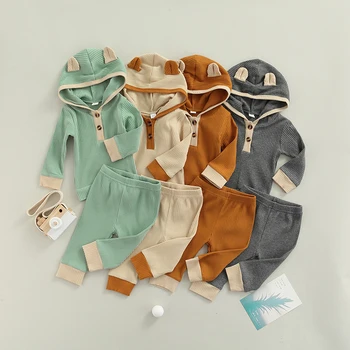 FOCUSNORM 0-18 м, Комплекти за Есенни дрехи за Малки Момчета и Момичета, на 2 предмета, Обикновен Пуловер с качулка и уши, Блузи, Потник + Панталон, 4 Цвята