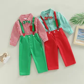FOCUSNORM/ Комплекти джентльменской дрехи за най-Малките момчета от 0 до 3 години, риза райе с дълги ръкави и папийонка + обикновена панталони на подтяжках