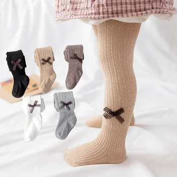 FOCUSNORM/ Стегнати Модни Чорапогащи с Лък за Малки Момичета, Пролетно-есенни Стилен Чорапогащник за Деца 0-12 години