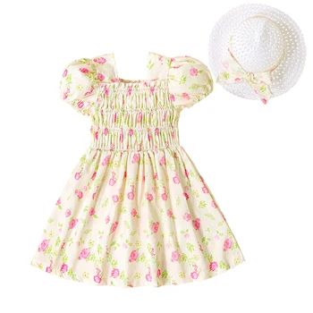 FOCUSNORM/ лятна рокля на принцеса за момиченца от 1 до 5 години, рокли трапецовидна форма, с пищни ръкави и цветисти принтом и шапки от слънцето