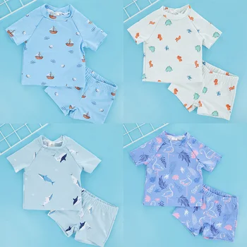 HappyFlute/нов комплект от 2 теми UPF50 +, детски бански за басейна, тениска с отрязани за по-малките момчета, детски бански костюми с домашен любимец принтом