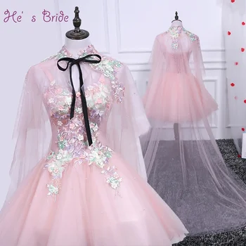 He ' s Bride, Ново елегантно евтини мини-розово един коктейл рокля на бретелях без ръкави, с бродерия във формата на цвете над коляното, Vestido De Coctel