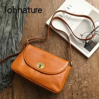 Johnature Проста женствена чанта от естествена мека телешка кожа 2023, новост, естествена кожа ръчно изработени, обикновена чанта за рамо с голям капацитет