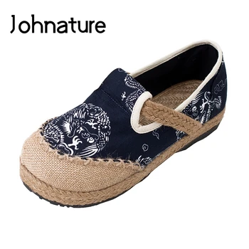 Johnature, дамски обувки, тотем, без шнур, на равна подметка с кръгло бомбе, ежедневни геометрична новост 2022 година, есента парусиновая дамски обувки ръчна изработка