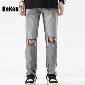 Kakan - Нови мъжки дънки с цип с дупки, Застиранные на Главната улица, Черно-Сиви Панталони дълги дънки K24-JX5578